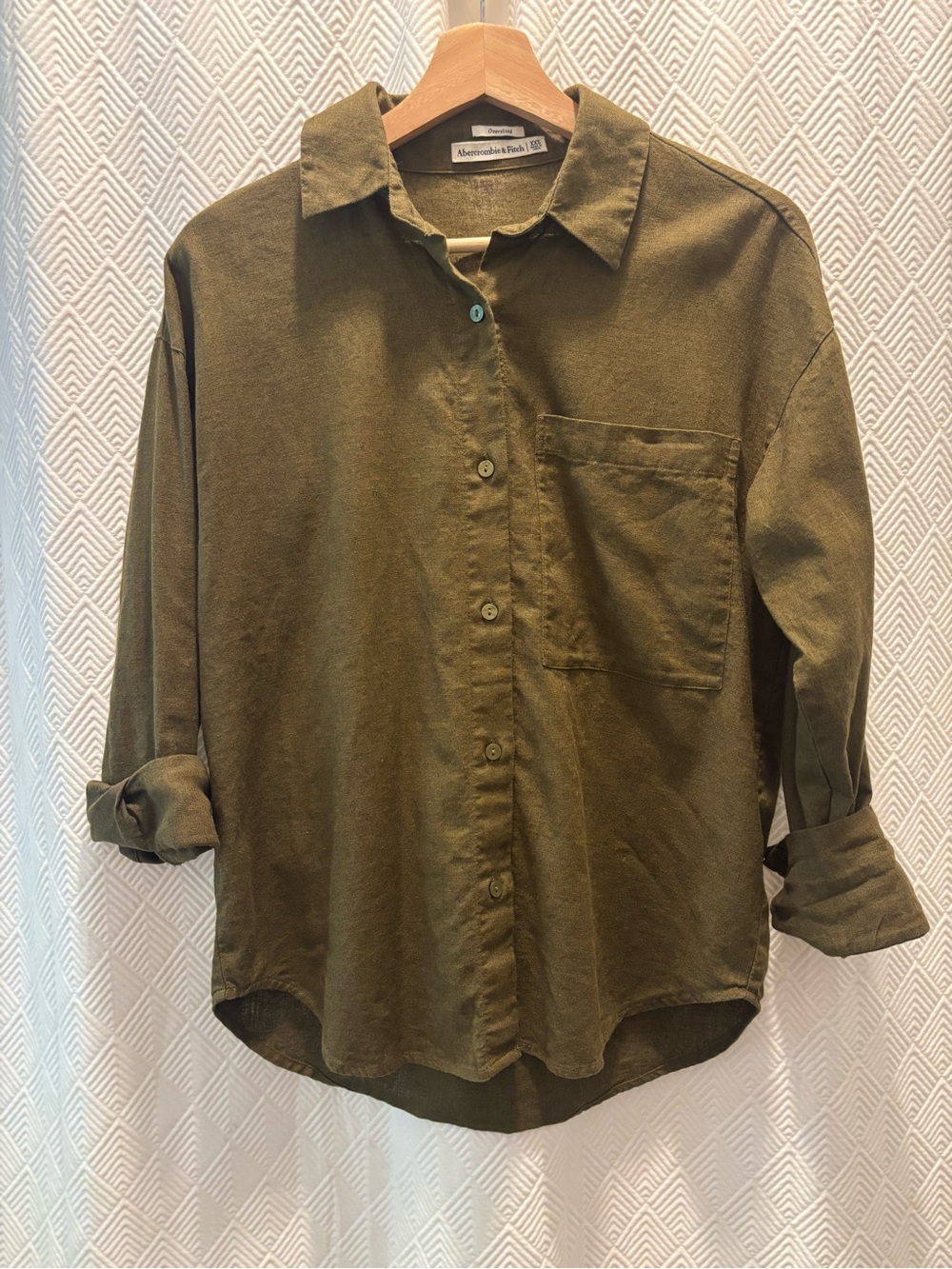 A&F Women's Oversized Linen Blend Button-Up Shirt Olive Green XXS